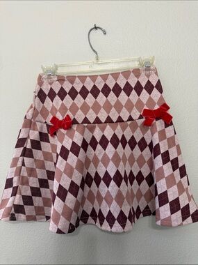 Pat Pat Girls Argyle Circle Skirt with Red Bow Accents Size 11-13 Years‎ NWOT